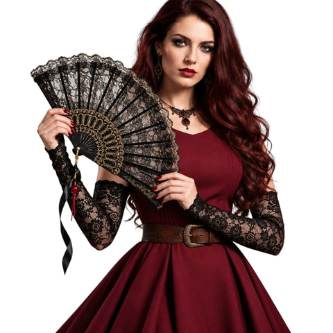 Gothic Romance Black Lace Fan and Long Arm Sleeves with gold ribs and ribbon tassels
