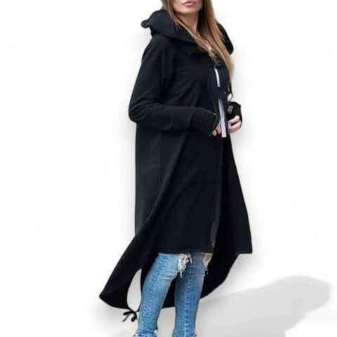 Black Long Zipper Fleece Hooded Jacket
