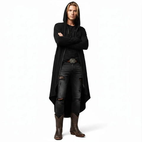 Black Asymmetric Long Zip Hooded Jacket with silver zipper, drawstring hood, front pockets and high-low hem