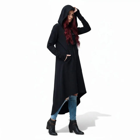 Black Asymmetric Long Zip Hooded Jacket with silver zipper, drawstring hood, front pockets and high-low hem