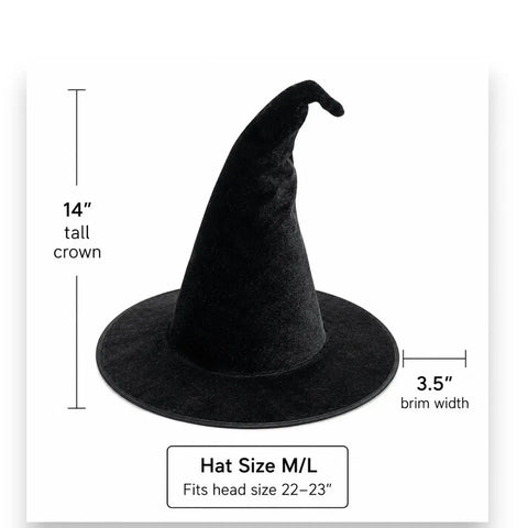 measurements of the Black Magic Velvet Witch Hat with 14 inch tall pointed crown, 3.5 inch flat brim, and soft black velvet texture