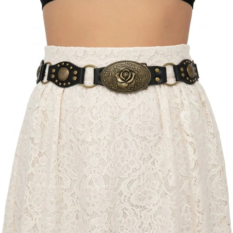Western medallion link buckle belt in brown or black with antique-gold floral hardware and O-ring details