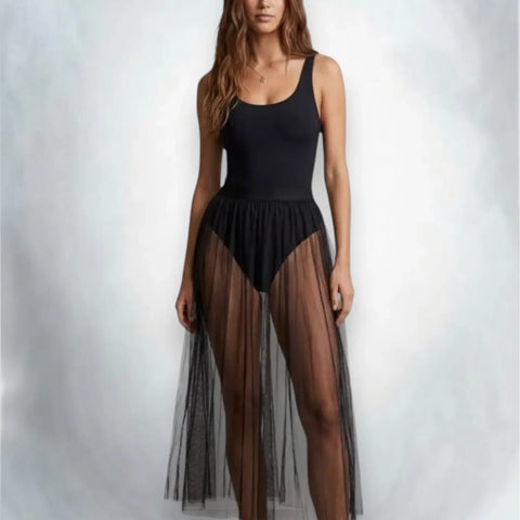 Black Sheer Mesh Maxi Skirt with high waist and see-through festival layering style