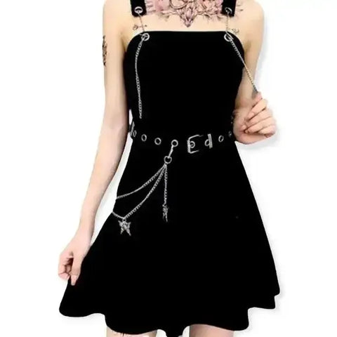 Goth Black Mini Dress Wide Belt & Pants Chain front view
