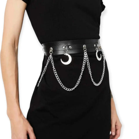 Goth Black Mini Dress Wide Belt & Pants Chain silver metal draped chains and moons waist belt