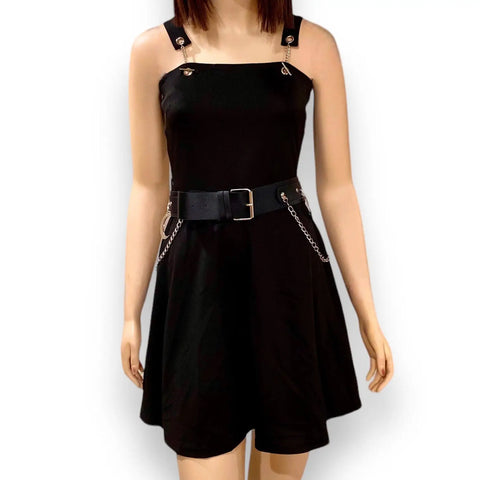 Goth Black Mini Dress Wide Belt & Pants Chain front view with moon belt
