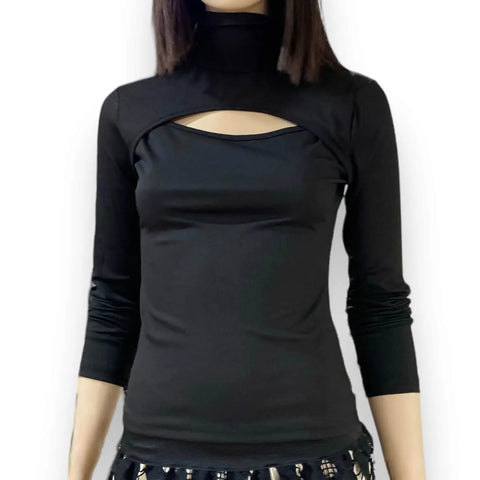 Black Mock Turtleneck Cut Out Ribbed Long Sleeve Top flattering slim fit lightweight shirt medium