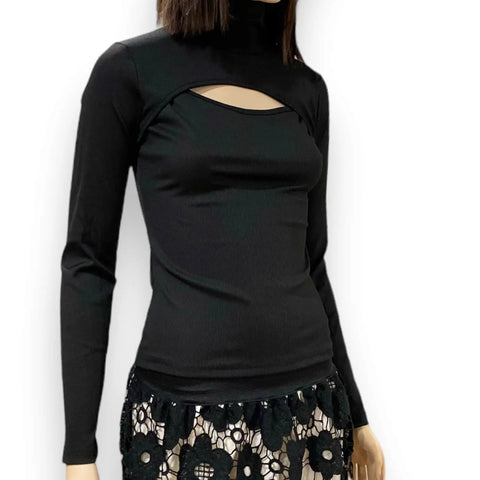 Black Mock Turtleneck Cut Out Ribbed Long Sleeve Top flattering slim fit lightweight shirt medium