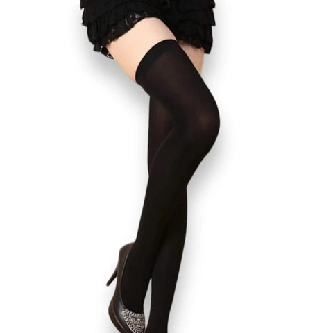 Black opaque thigh high stockings – one size fits most for women from small to large
