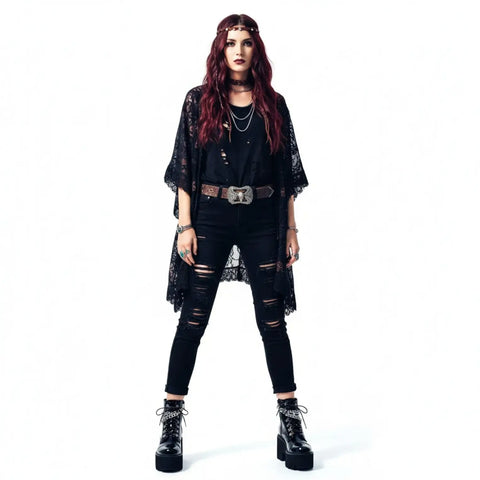 Black patent platform combat boots with silver D-rings, removable ankle chain and chunky lug sole