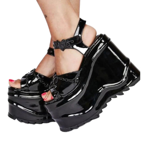 Black Patent Heart Platform Sandals