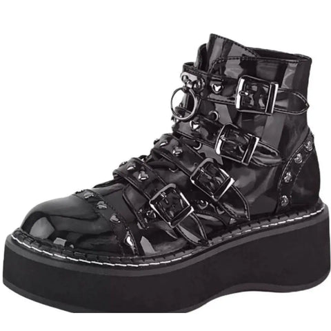 Black Patent Silver Hearts Platform Combat Boots 