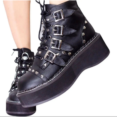 Black Patent Silver Hearts Platform Combat Boots 