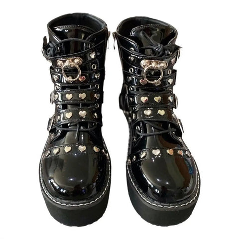 Black Patent Silver Hearts Platform Combat Boots 