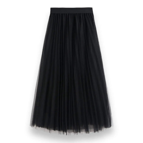 Black Pleated Tulle Maxi Skirt with layered mesh, A-line silhouette, stretch waistband, and opaque lining flat lay image