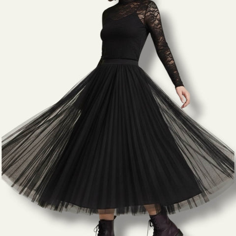 woman wearing with black lace mesh top flowy Black Pleated Tulle Maxi Skirt with layered mesh, A-line silhouette, stretch waistband, and opaque lining
