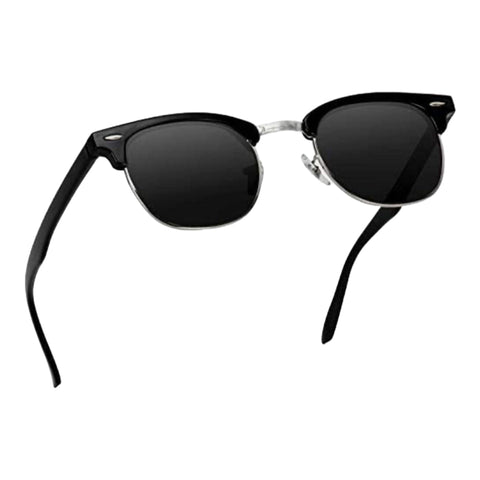 Black polarized semi rimless sunglasses with silver metal accents and adjustable nose pads – sleek unisex shades for festivals, driving, and outdoor wear