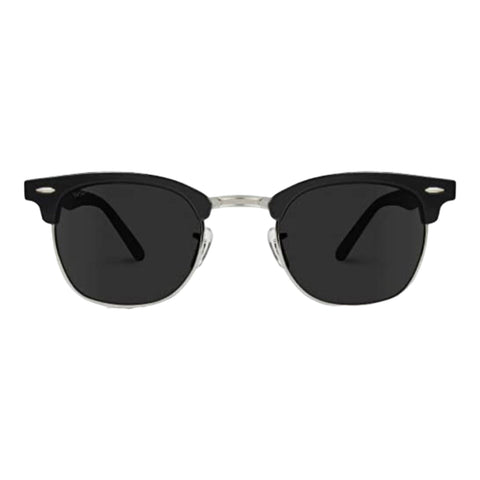Black polarized semi rimless sunglasses with silver metal accents and adjustable nose pads – sleek unisex shades for festivals, driving, and outdoor wear