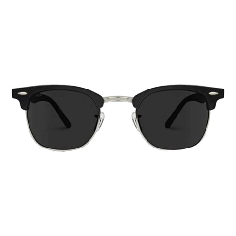 Black polarized semi rimless sunglasses with silver metal accents and adjustable nose pads – sleek unisex shades for festivals, driving, and outdoor wear