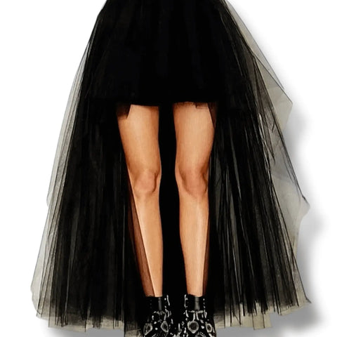Black princess tulle high low maxi skirt with mesh layers, short liner, and dramatic sheer train – gothic, punk, Y2K, and coquette fashion