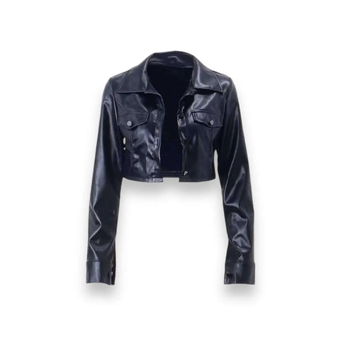 Women's Fitted Black PU Button Cropped Jacket