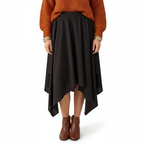 Black Flowy Asymmetric Midi Skirt with hi-low handkerchief hem and elastic waist / one size / women's