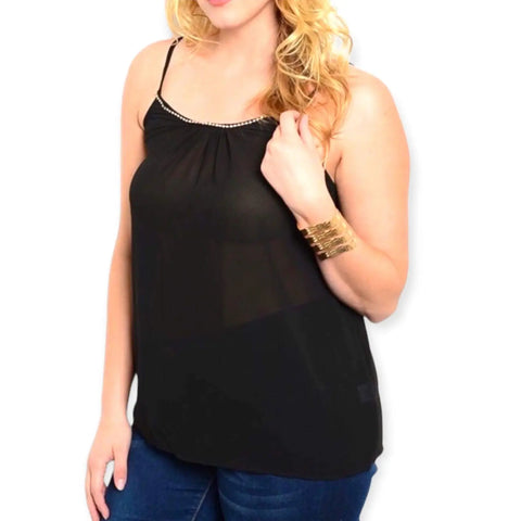 plus size black mesh camisole top with rhinestone neckline and adjustable straps