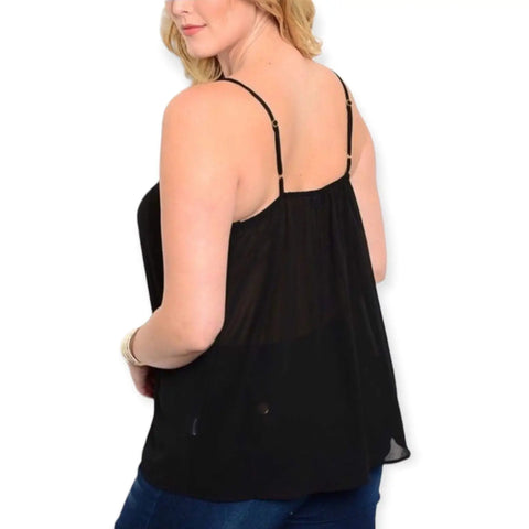 plus size black mesh camisole top with rhinestone neckline and adjustable straps