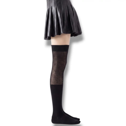 Black Ribbed Slouch Over-The-Knee Socks with ribbed lower leg, semi-sheer upper panel and raw-edge slouch finish