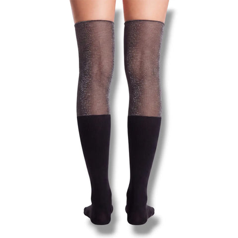 Black Ribbed Slouch Over-The-Knee Socks with ribbed lower leg, semi-sheer upper panel and raw-edge slouch finish