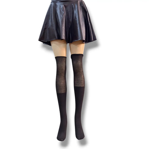Black Ribbed Slouch Over-The-Knee Socks with ribbed lower leg, semi-sheer upper panel and raw-edge slouch finish