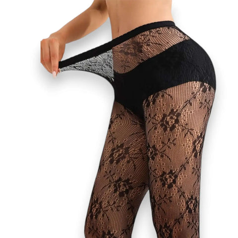 Black Rose Fishnet Tights with woven floral rose pattern, high-waist waistband, and stretchy black fishnet mesh for goth, punk, and Y2K outfits