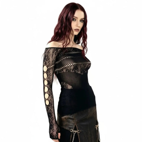 Black off shoulder sheer mini dress with long cut-out sleeves, thumb holes and fitted lace silhouette