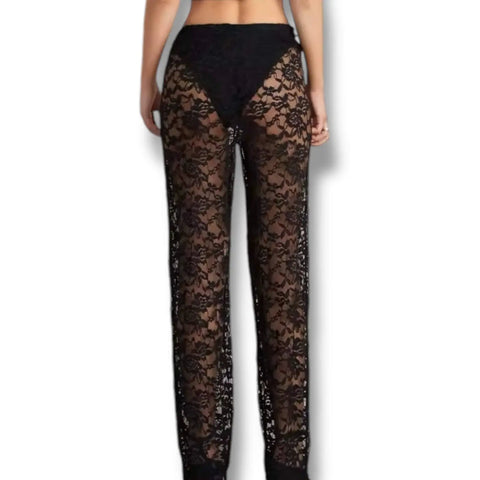 Black sheer floral lace pants with high waist and adjustable mesh panel, gothic punk flared festival style.