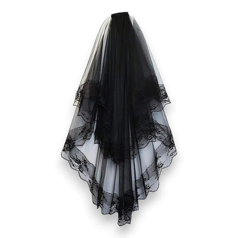 Gothic Black Sheer Lace Trim Wedding Veil