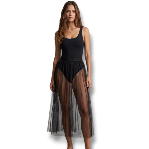 Black Sheer Mesh Maxi Skirt with high waist and see-through festival layering style