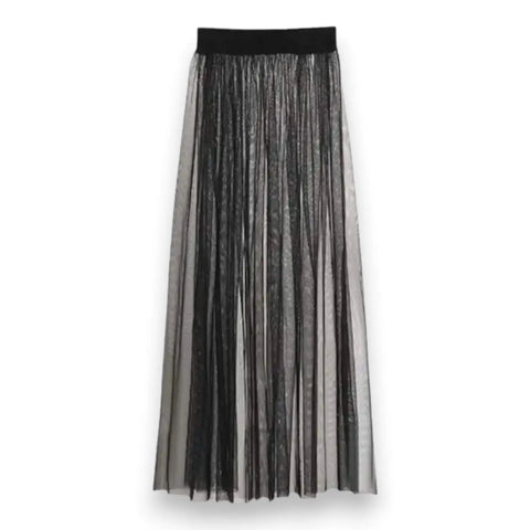 Black Sheer Mesh Maxi Skirt with high waist and see-through festival layering style