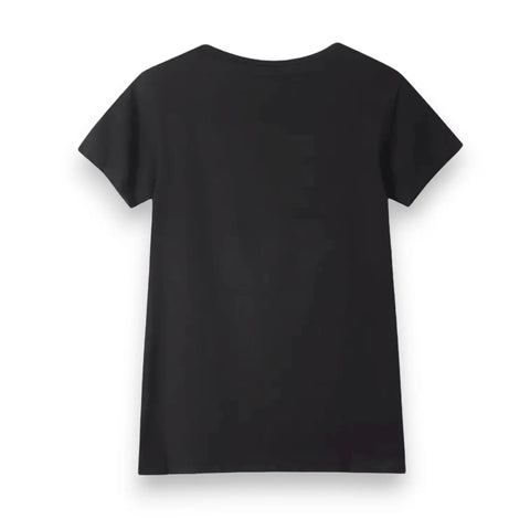 Black Short Sleeve Tattoo Girl Graphic Tee with sunglasses artwork, crew neck, and edgy streetwear fit back side