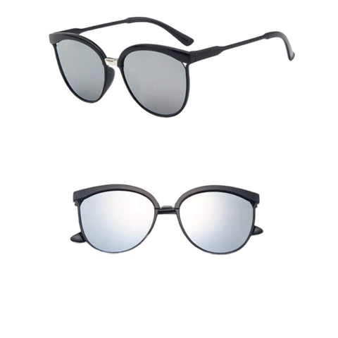 Black round cat eye sunglasses with silver mirrored lenses – retro-inspired fashion eyewear with UV400 protection