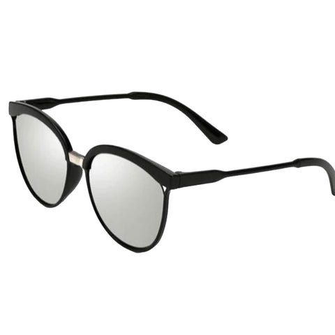 Black round cat eye sunglasses with silver mirrored lenses – retro-inspired fashion eyewear with UV400 protection
