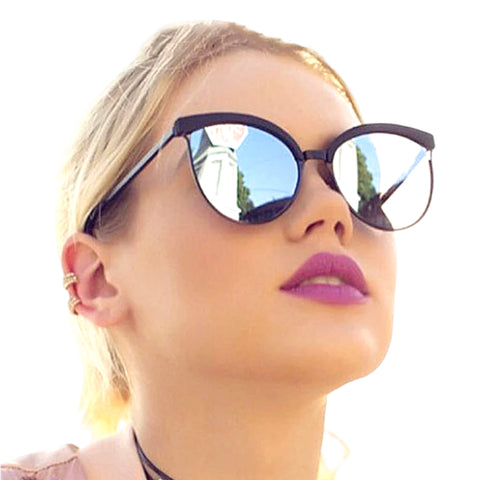 Black round cat eye sunglasses with silver mirrored lenses – retro-inspired fashion eyewear with UV400 protection