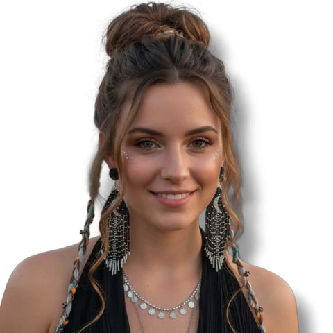 Black & Silver Moon Beaded Fringe Earrings worn by a model, showcasing bohemian style and celestial design.