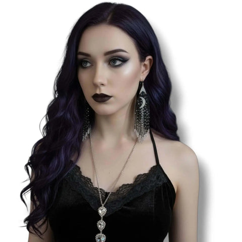 Black & Silver Moon Beaded Fringe Earrings showcased on model with dark makeup and purple hair.