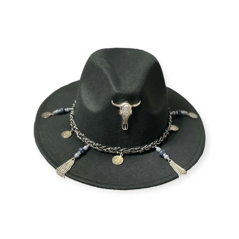 Black Silver Tassels Fedora Hat