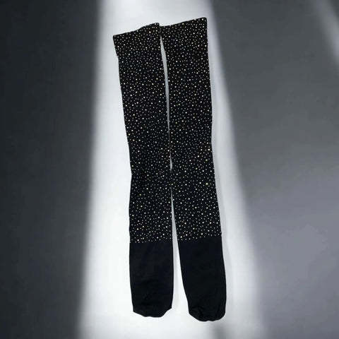Black Sparkle Over The Knee Socks with opaque black stretch knit and multicolor rhinestone detailing from thigh to ankle, one size tall socks