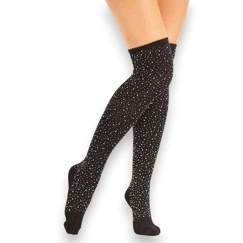 Black Sparkle Over The Knee Socks with opaque black stretch knit and multicolor rhinestone detailing from thigh to ankle, one size tall socks