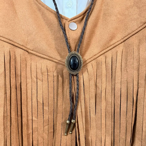black stone antique gold bolo tie adjustable necktie with oval faux black stone pendant braided leather rope and matching metal tips gender neutral western neckwear