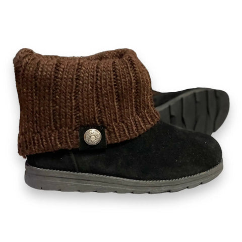 Black Suede Brown Sweater Ankle Boots Muk Luks patti boots cable knit ankle shaft and cushioned sole for cozy everyday wear
