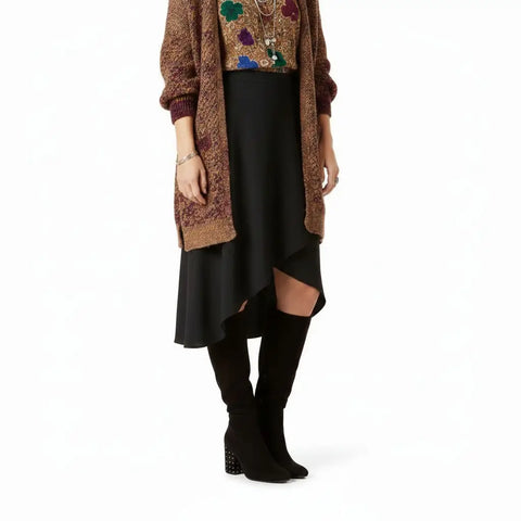 model wearing with fall attire Black Suede Studded Knee High Boots with silver studded block heel and almond toe / women's / barIII / size 8
