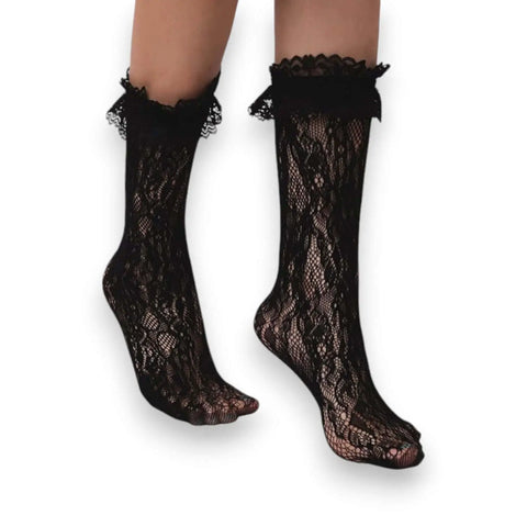 Black tall lace ruffle ankle socks with adjustable fit and frilly topper, styled for gothic, kawaii, and coquette fashion looks